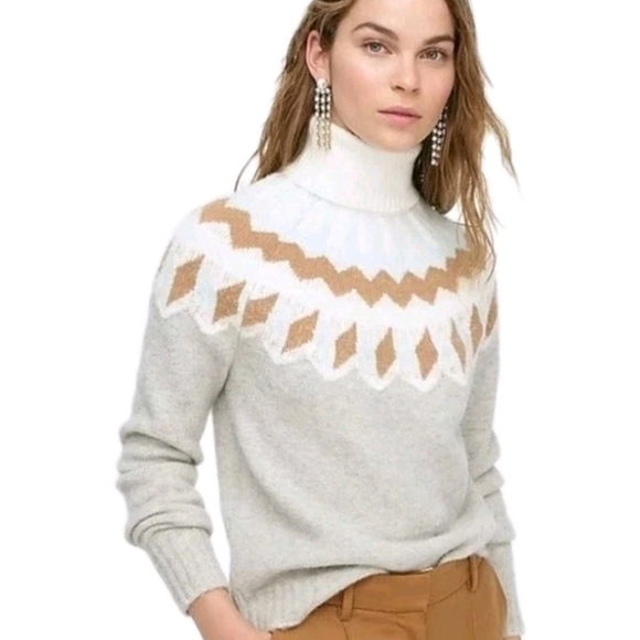 J. Crew Women’s Fair Isle Sweater Turtleneck Chunky Tan Beige Nordic Sz Medium - Picture 1 of 13